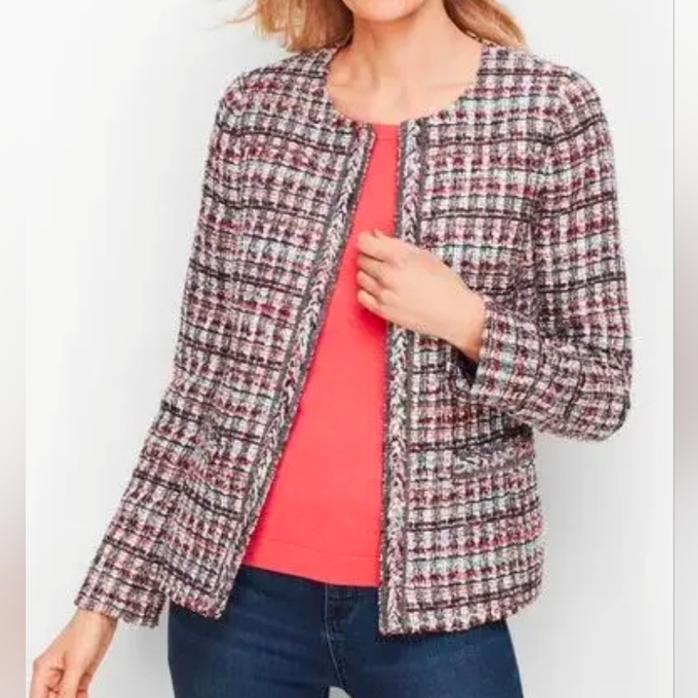 Talbots Tweed Lady Jacket, Size 10P Grey/burgundy/maroon
